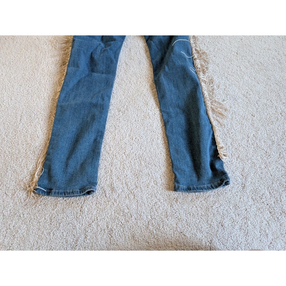 Mundefeis Womens Denim Fringe Boho Jeans XL Blue Distressed Straight Leg - Picture 13 of 14